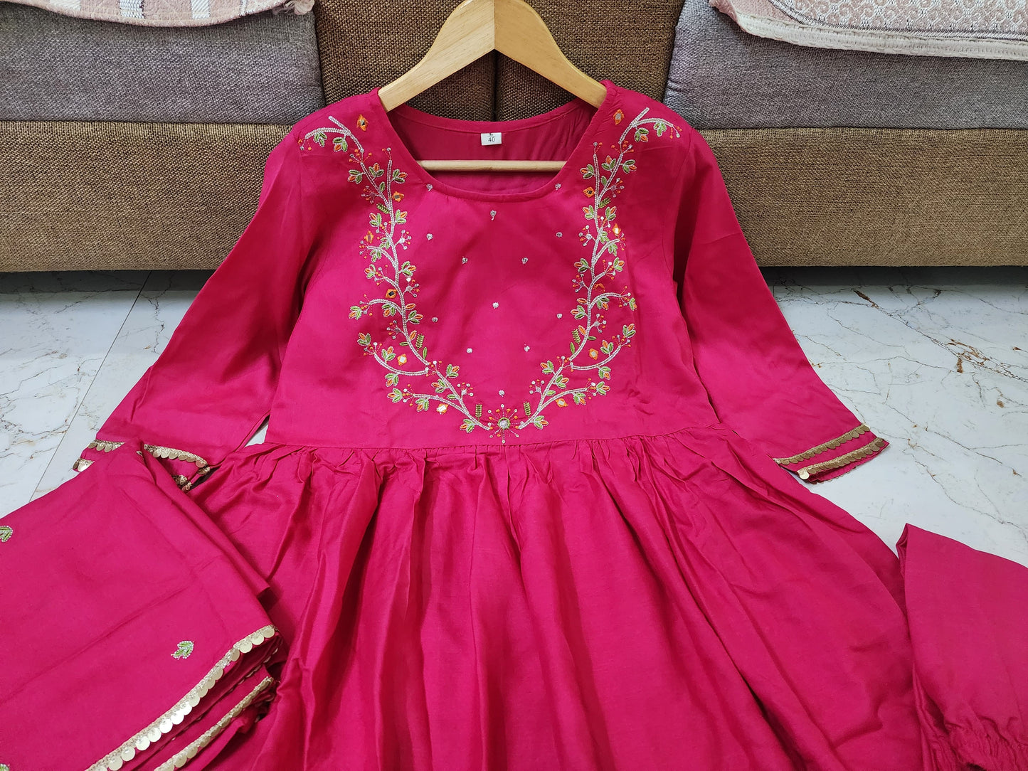 Party wear Rani Pink Handwork Kurta Set With Dupatta