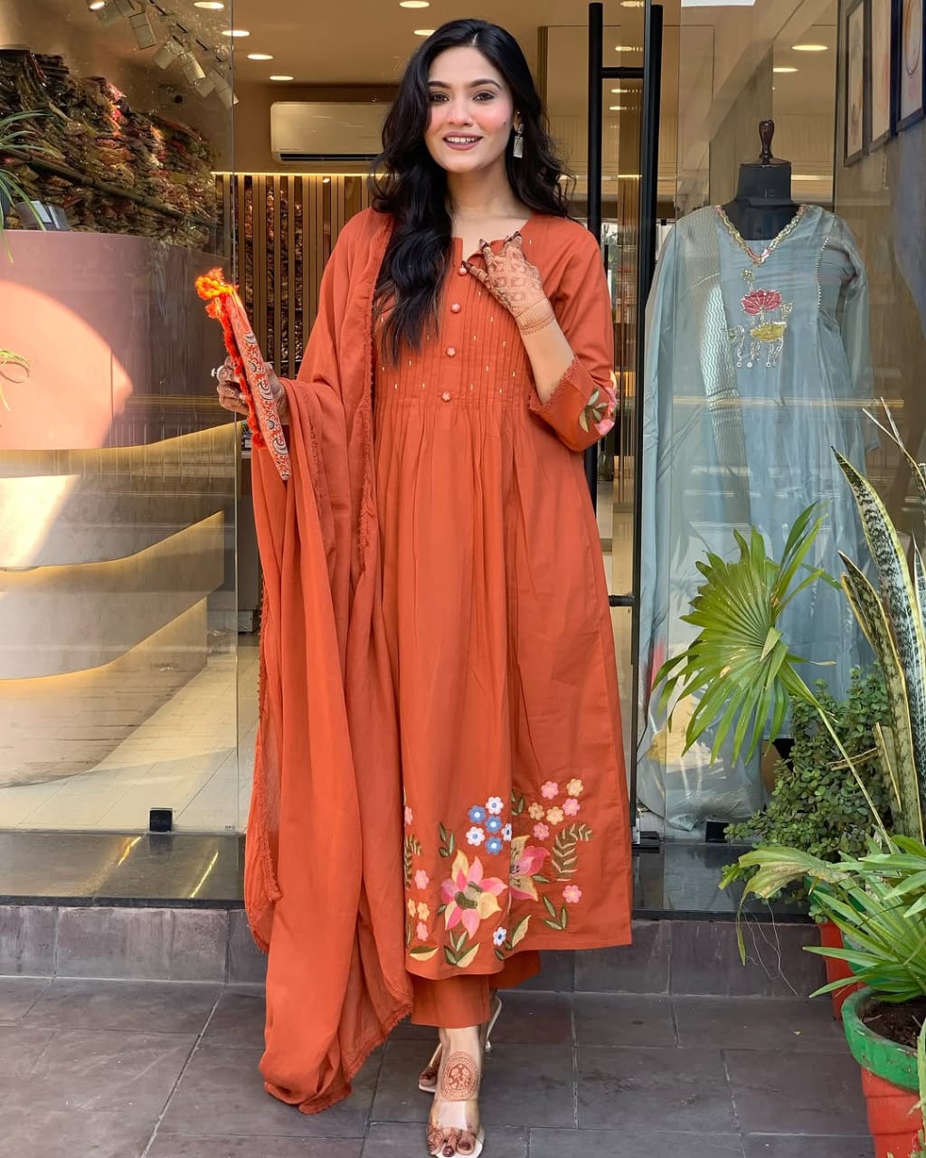 Rust Orange Floral Embroidered Kurta Set
