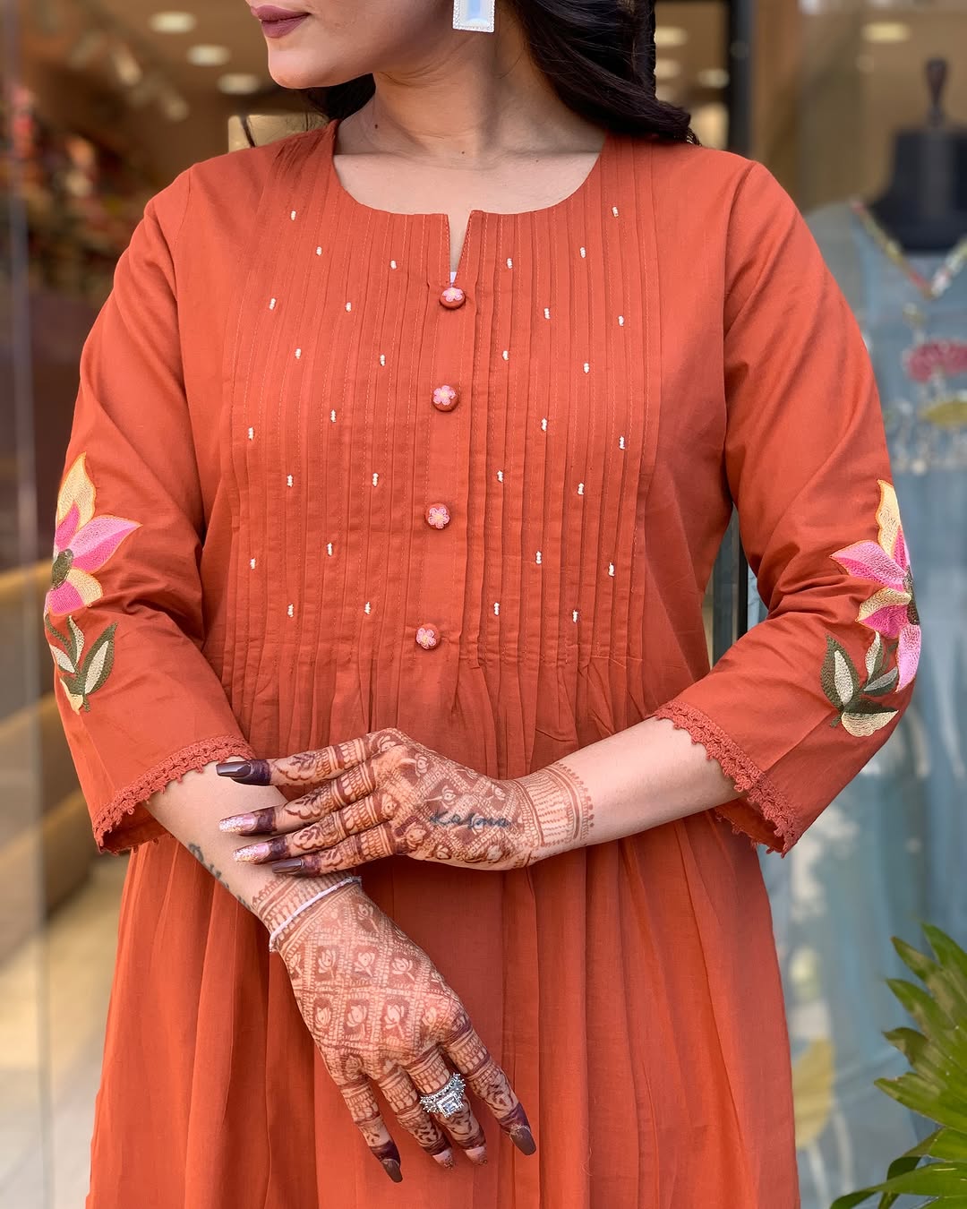 Rust Orange Floral Embroidered Kurta Set