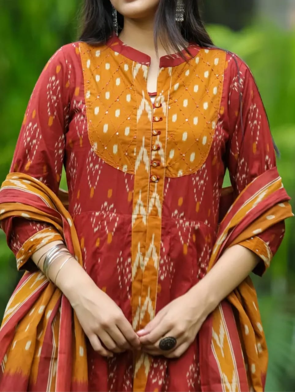 Red and Mustard Block Printed Layered Anarkali Kurta Set