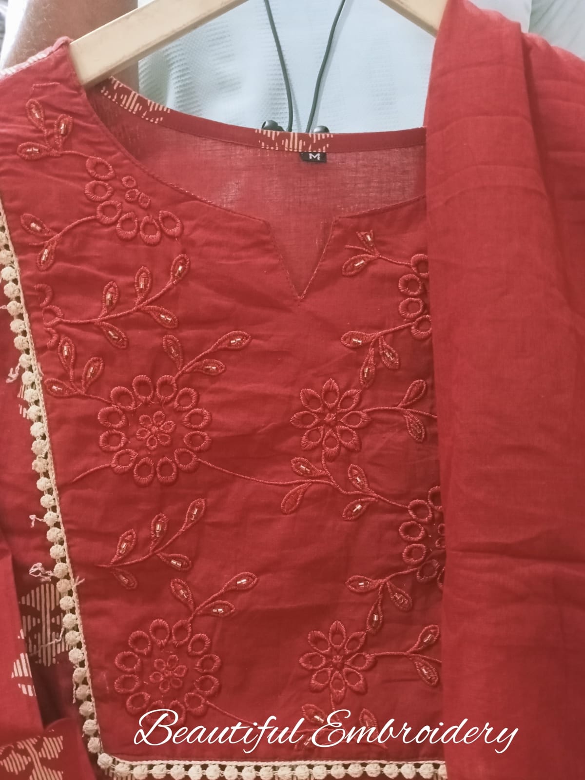 Rust Embroidered Block Printed Kurta Set
