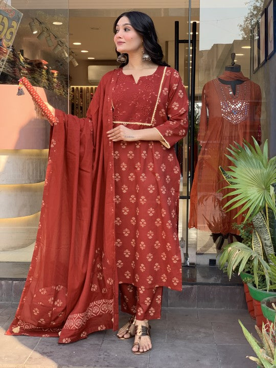 Rust Embroidered Block Printed Kurta Set