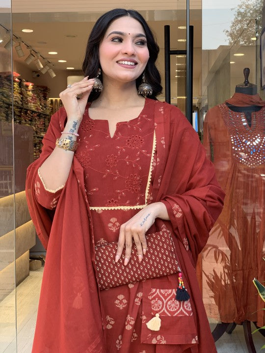 Rust Embroidered Block Printed Kurta Set