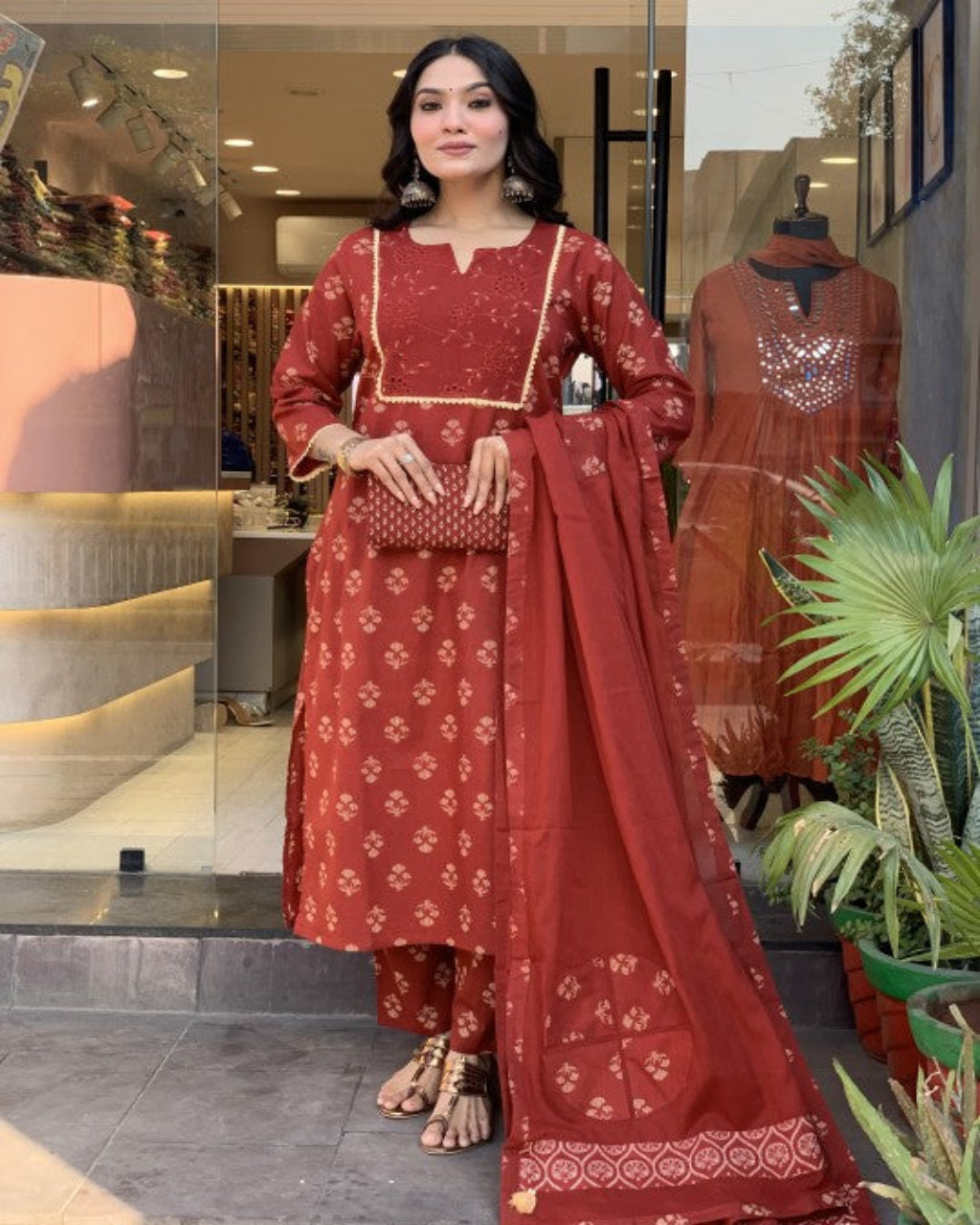 Rust Embroidered Block Printed Kurta Set
