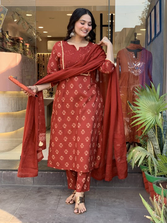 Rust Embroidered Block Printed Kurta Set