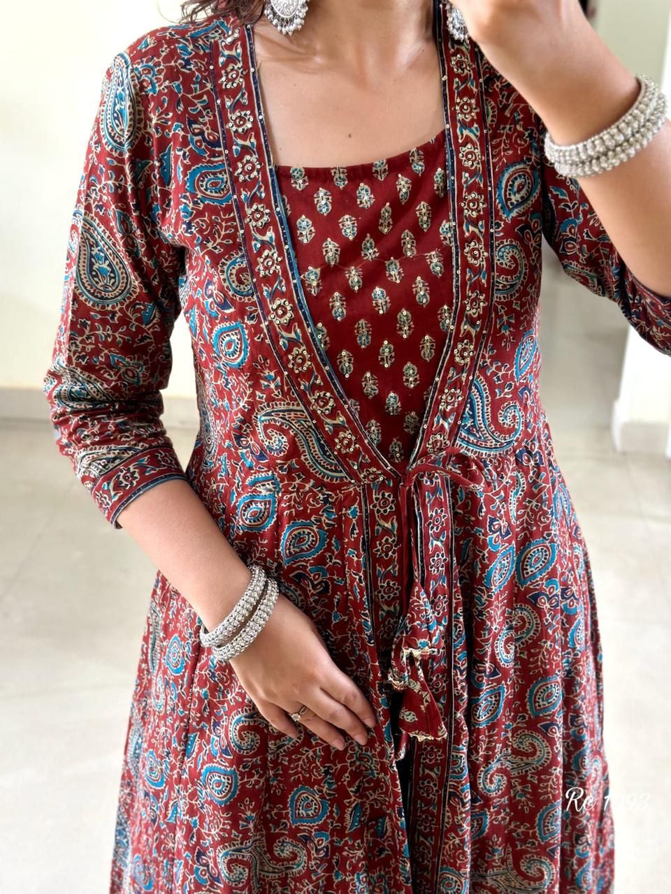 Maroon Jacket Style Block Printed Anarkali Set
