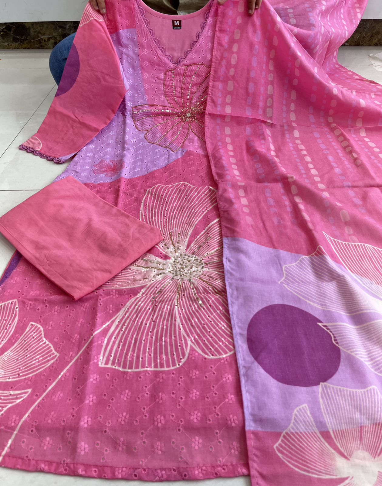 Pink Cotton Schiffli Sequin Kurta Set