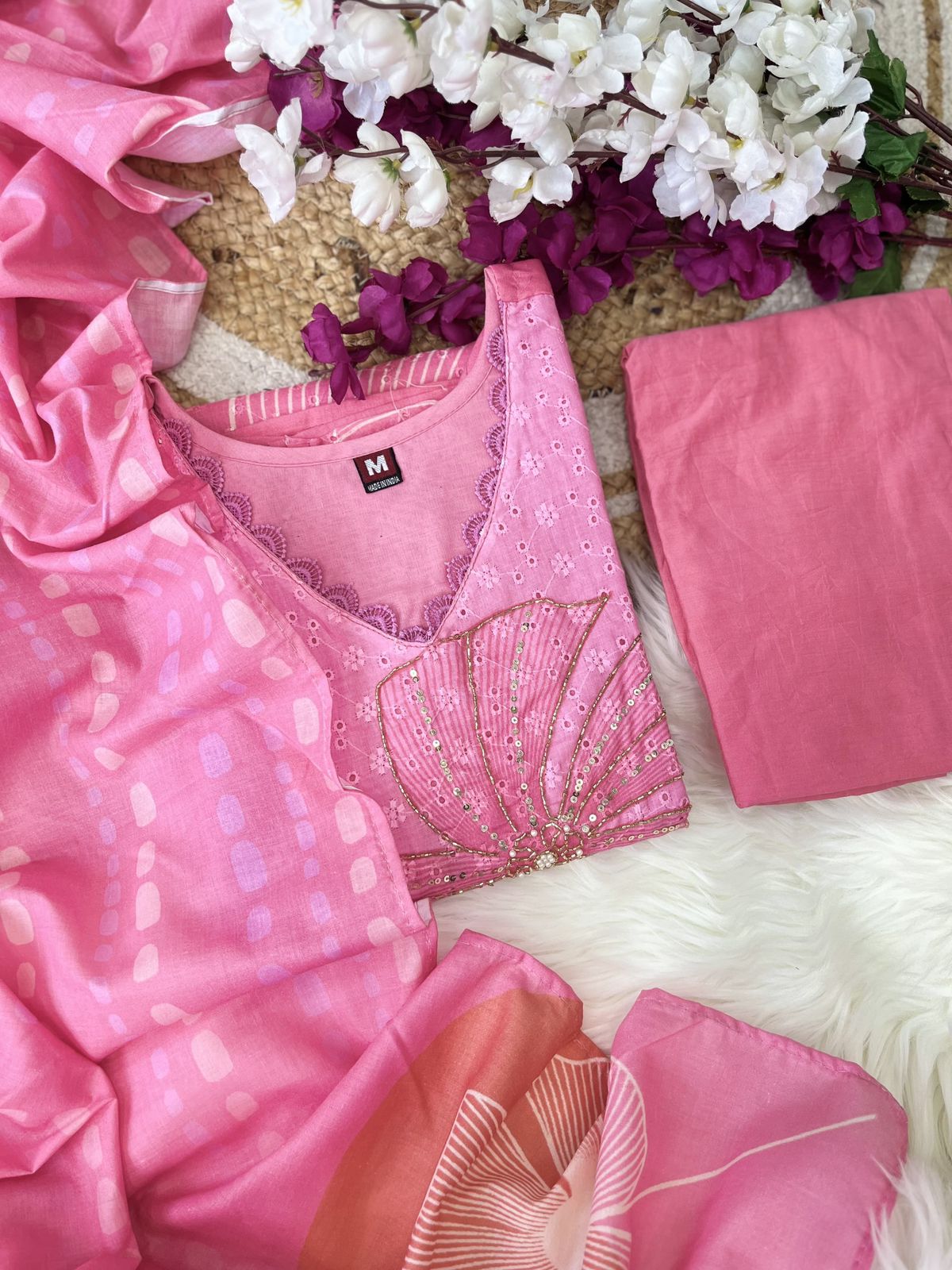 Pink Cotton Schiffli Sequin Kurta Set