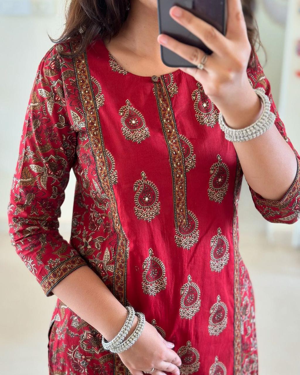 Red Printed Motif Cotton Kurta Set
