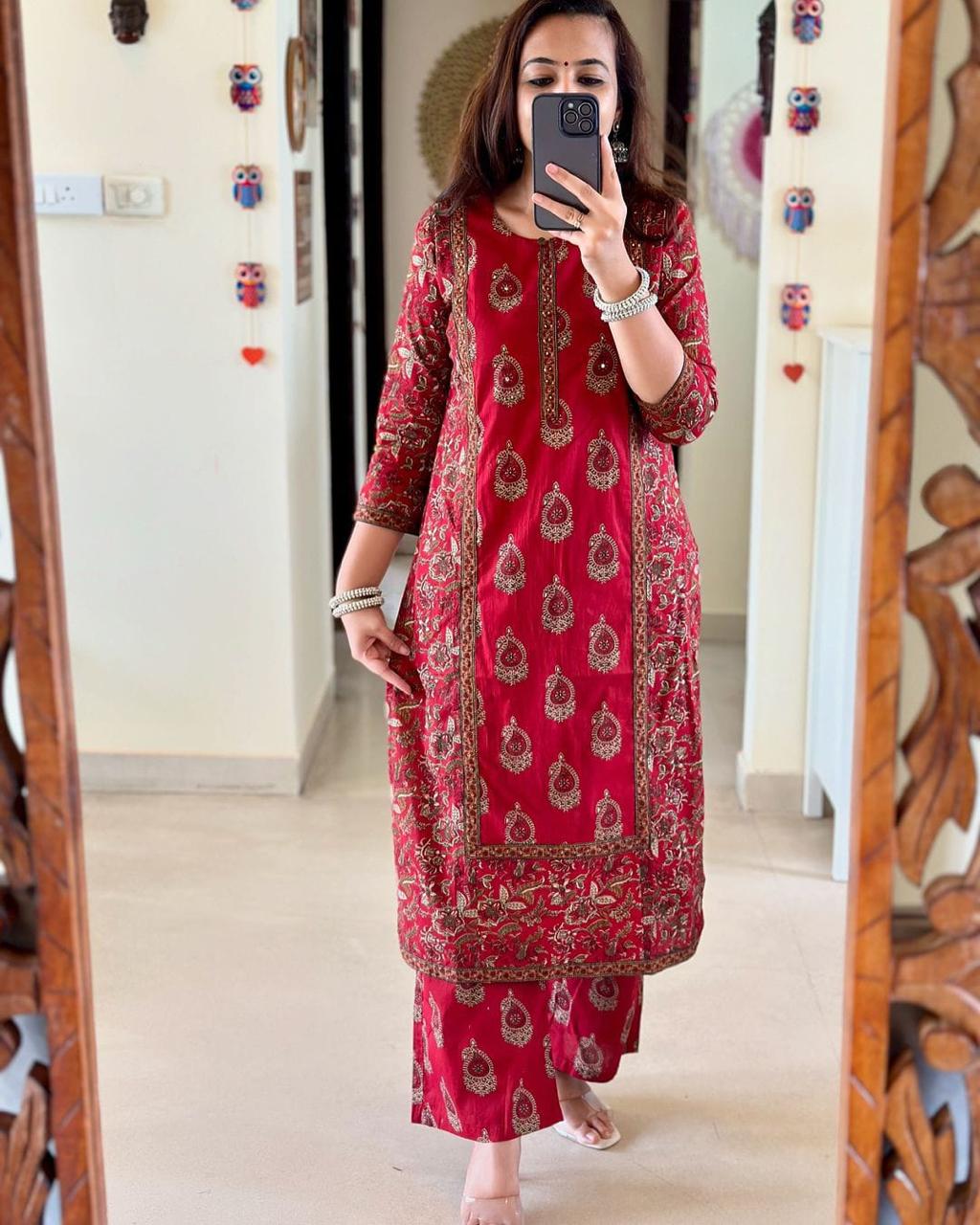 Red Printed Motif Cotton Kurta Set