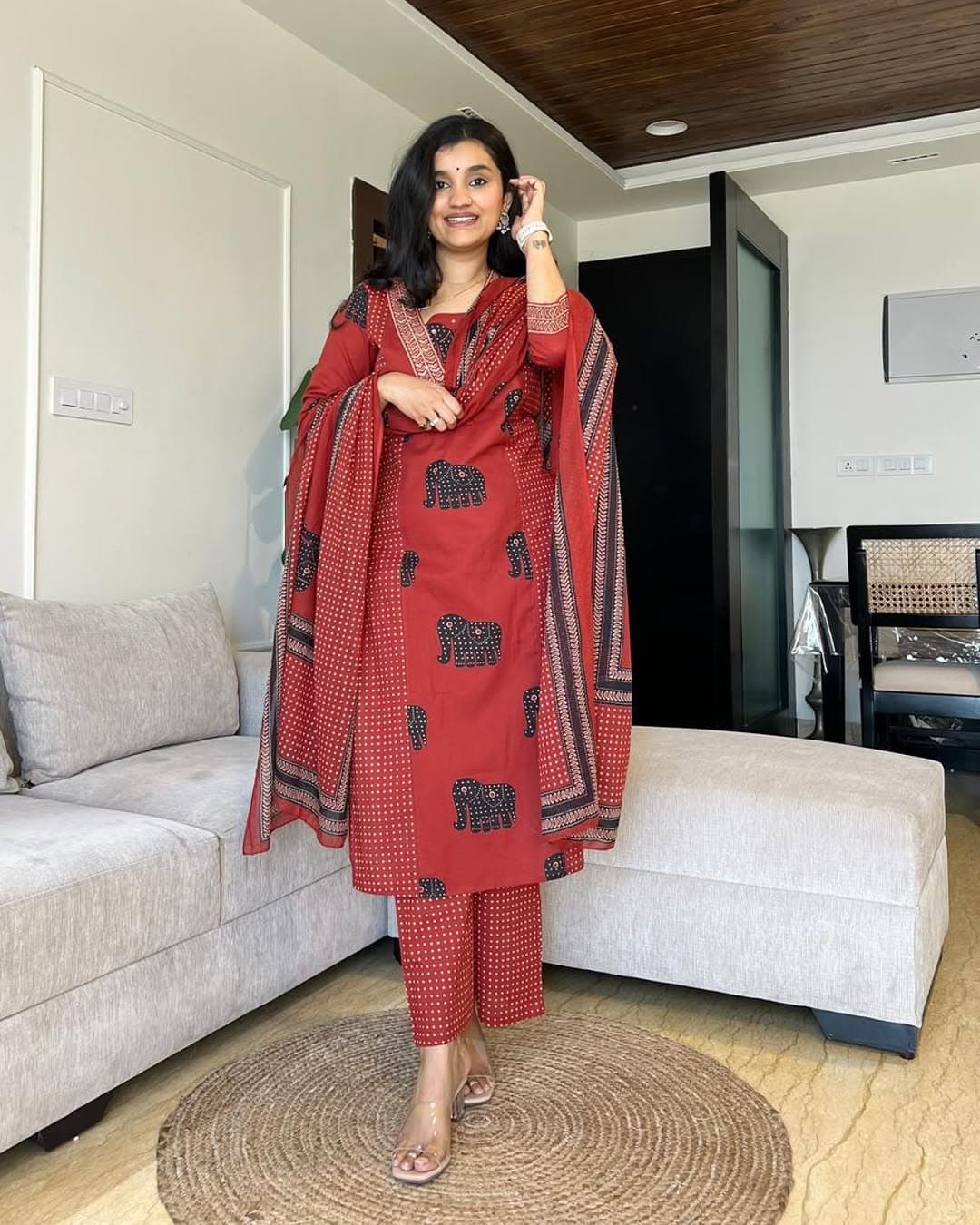 Red and Black Ajrakh Print Kurta Set