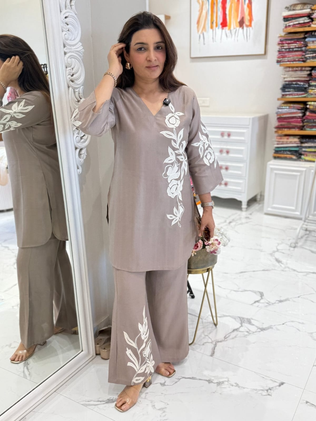 Grey/Pink Embroidered Coord Set