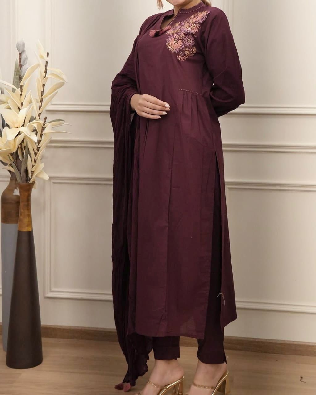 Burgundy Embroidered Cotton Kurta Set