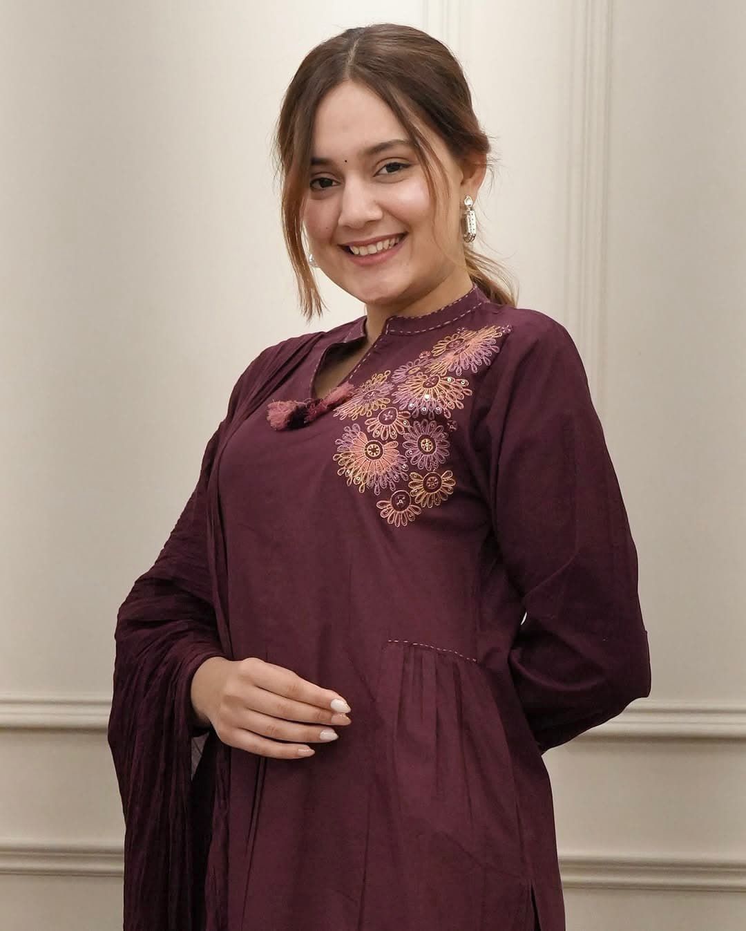 Burgundy Embroidered Cotton Kurta Set
