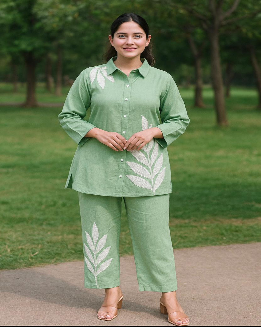 Woman wearing a green outfit with leaf patterns standing outdoors on a path.