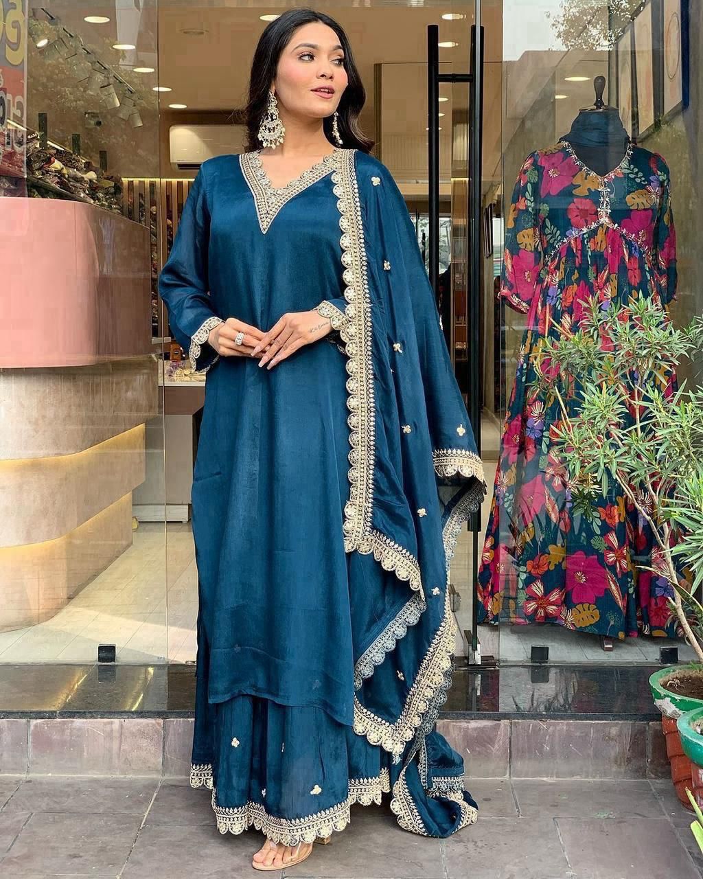 Blue Festive Embrodiered Chinon Kurta set