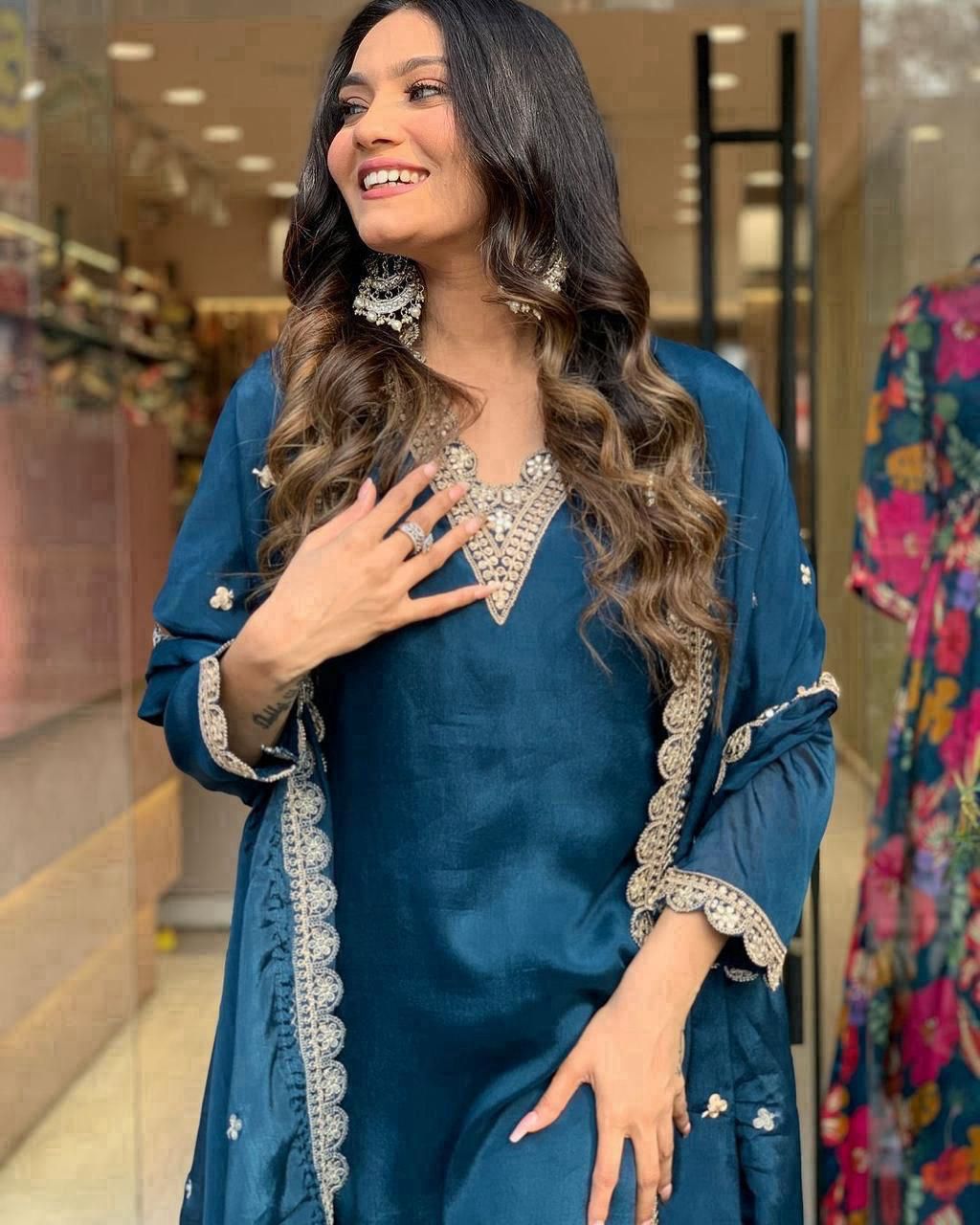 Blue Festive Embrodiered Chinon Kurta set