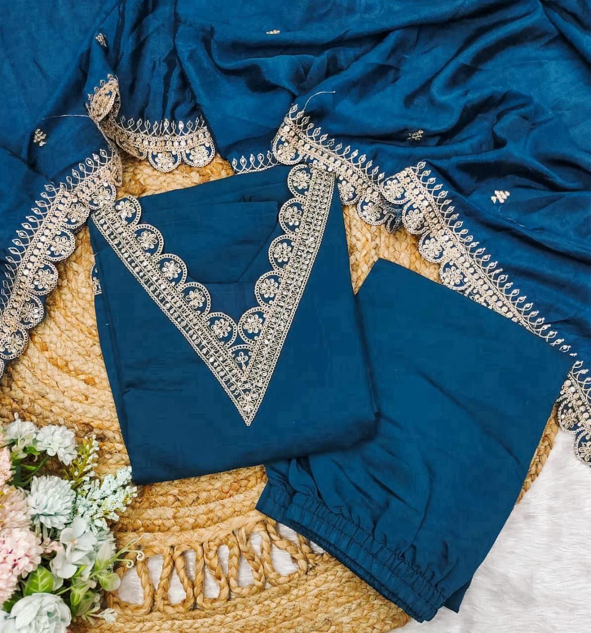 Blue Festive Embrodiered Chinon Kurta set