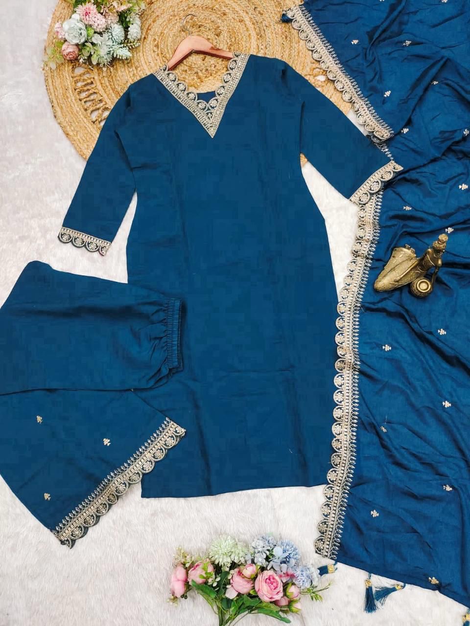 Blue Festive Embrodiered Chinon Kurta set