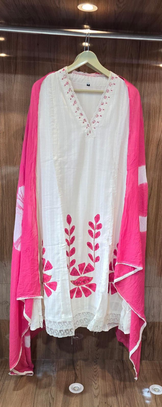 White and Pink Embroidered Kurta Set
