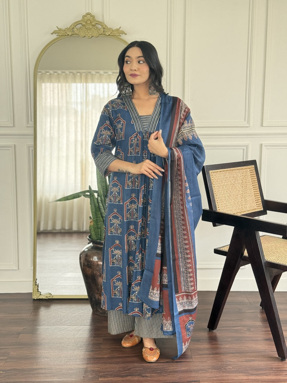 Blue/Red/Black Jaipur Ajrakh Print Kurta Set with Dupatta