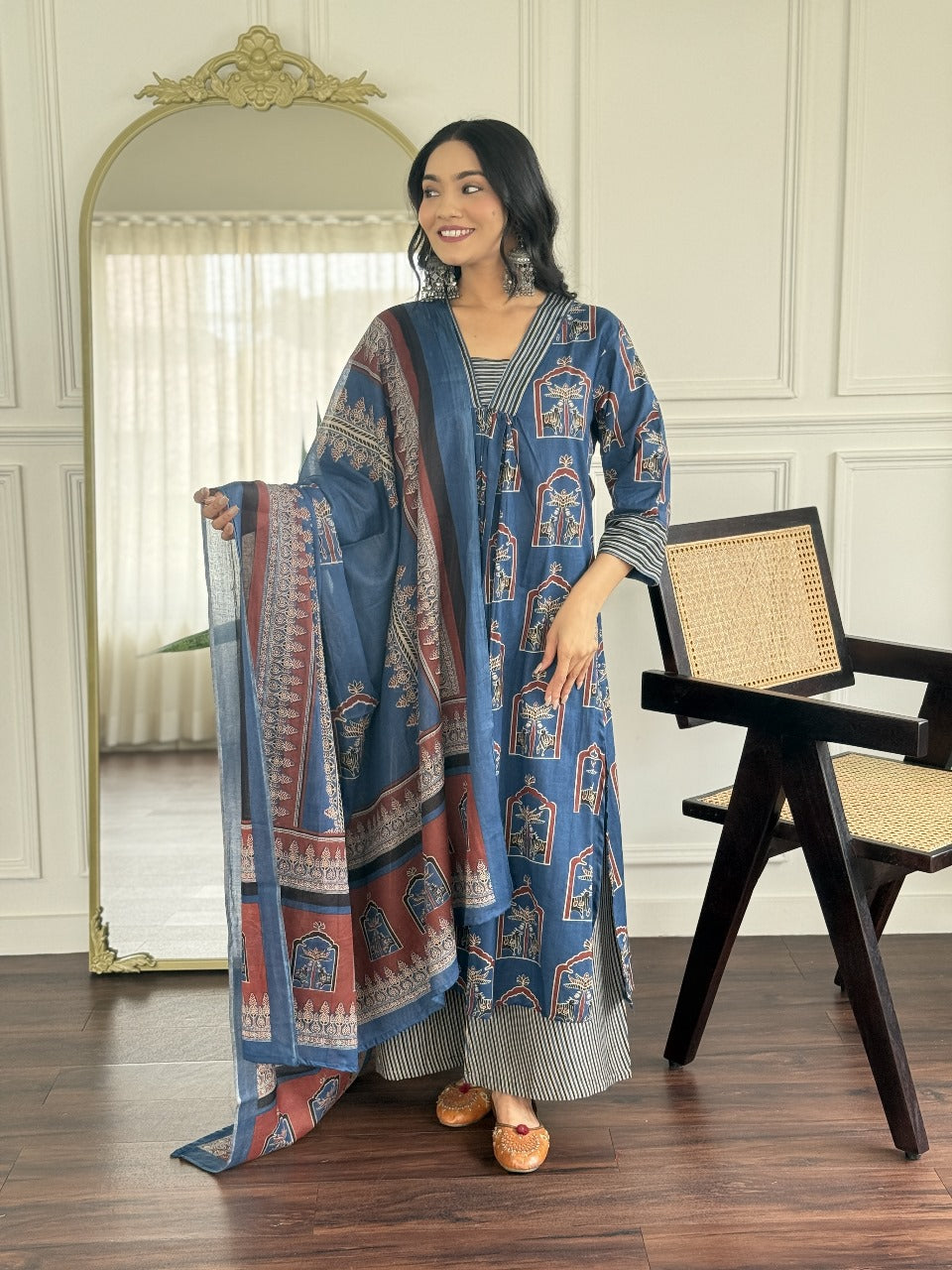 Blue/Red/Black Jaipur Ajrakh Print Kurta Set with Dupatta