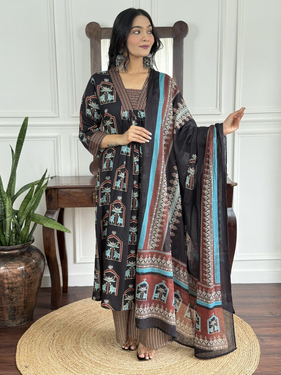 Blue/Red/Black Jaipur Ajrakh Print Kurta Set with Dupatta