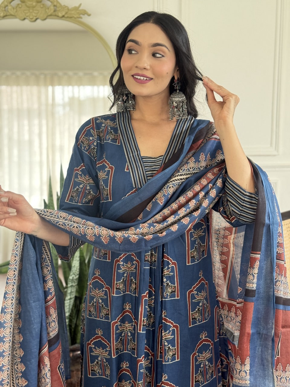Blue/Red/Black Jaipur Ajrakh Print Kurta Set with Dupatta