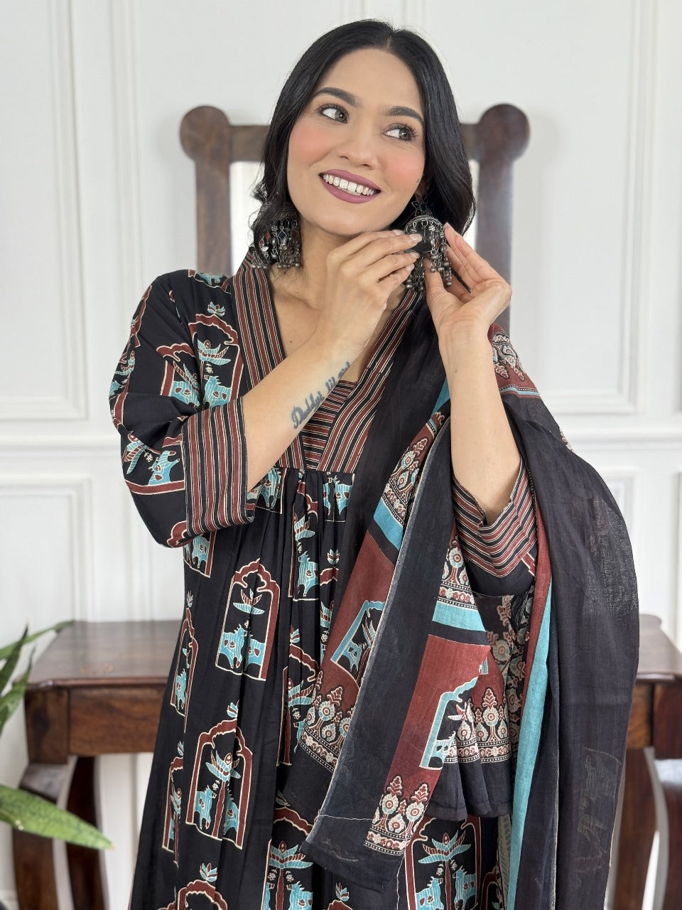 Blue/Red/Black Jaipur Ajrakh Print Kurta Set with Dupatta