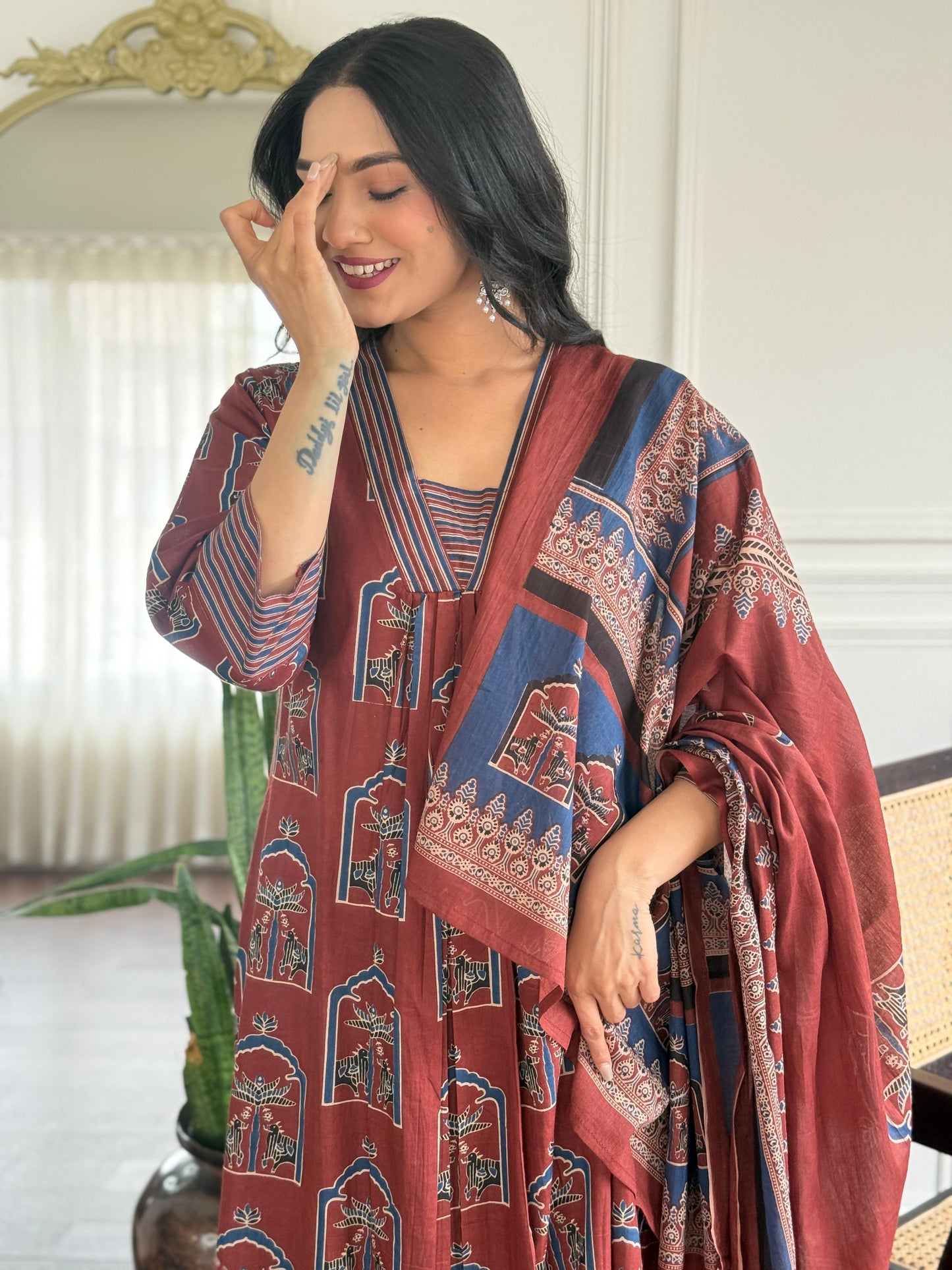 Blue/Red/Black Jaipur Ajrakh Print Kurta Set with Dupatta