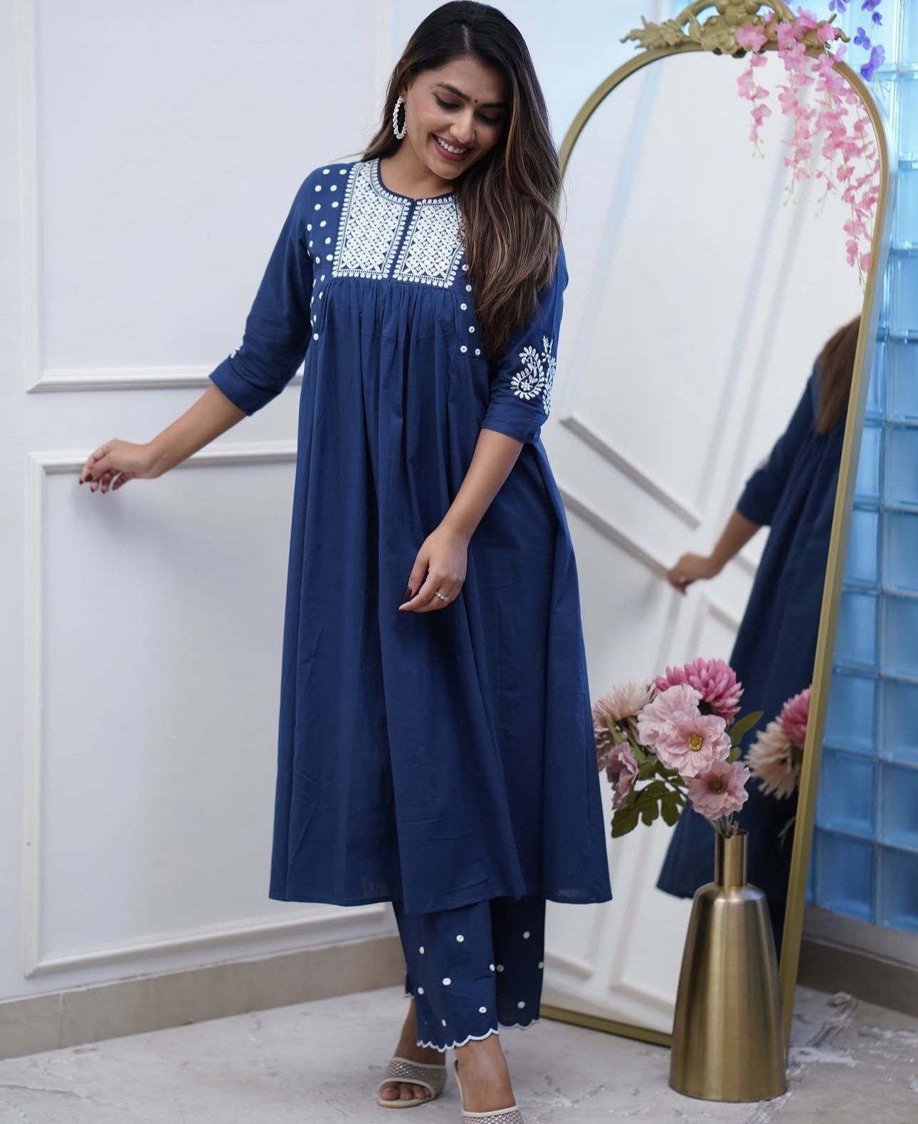 Blue/Black Embroidered Cotton Kurta Set