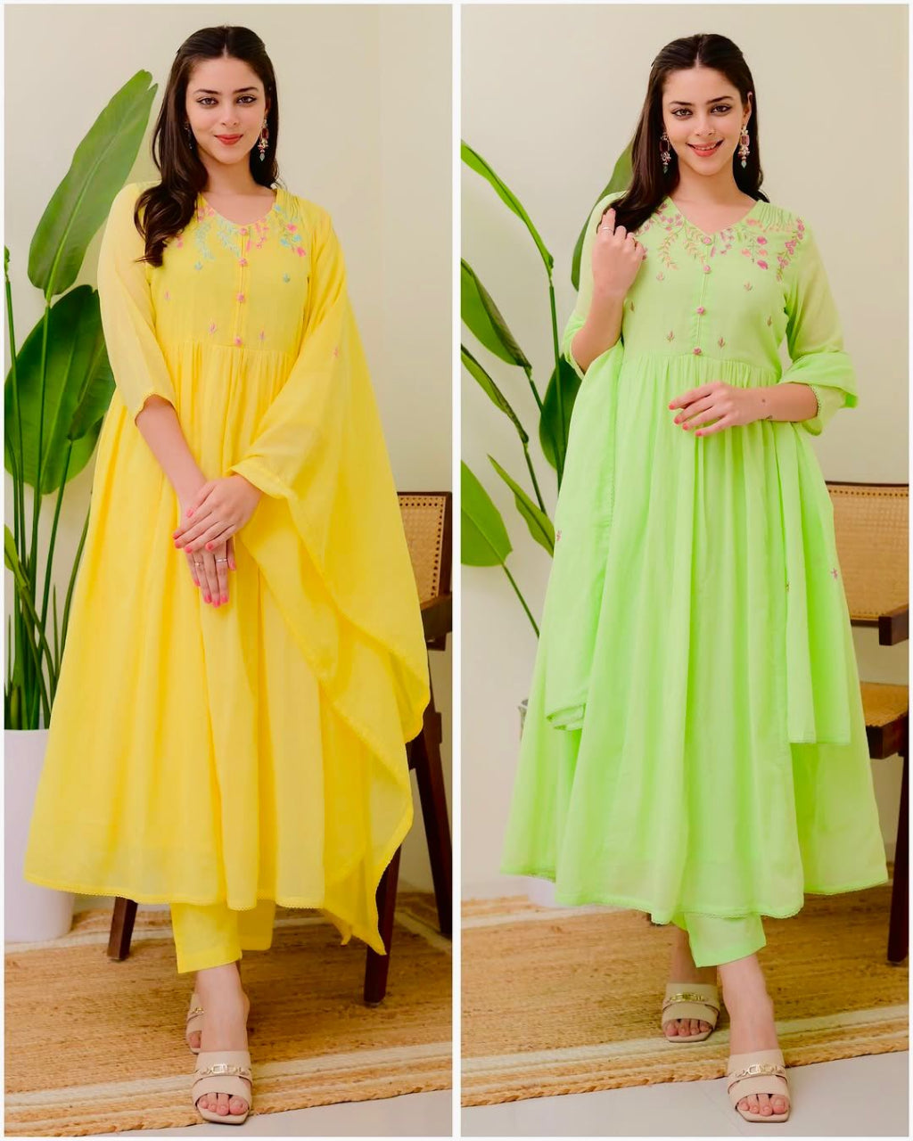 Yellow/Green Embroidered Kurta Set with Dupatta