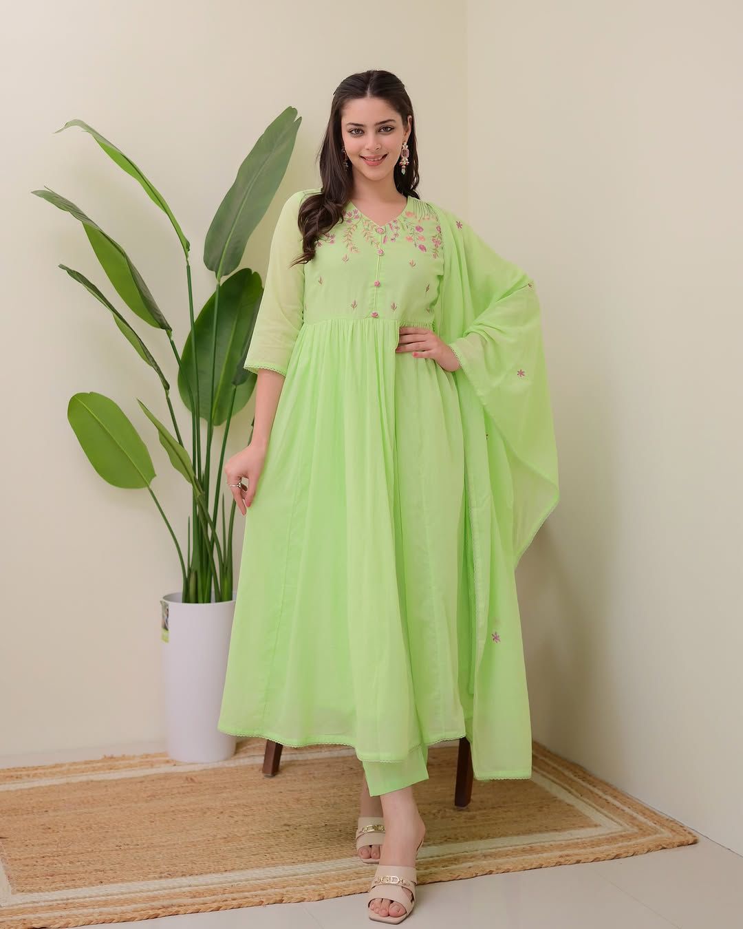 Yellow/Green Embroidered Kurta Set with Dupatta