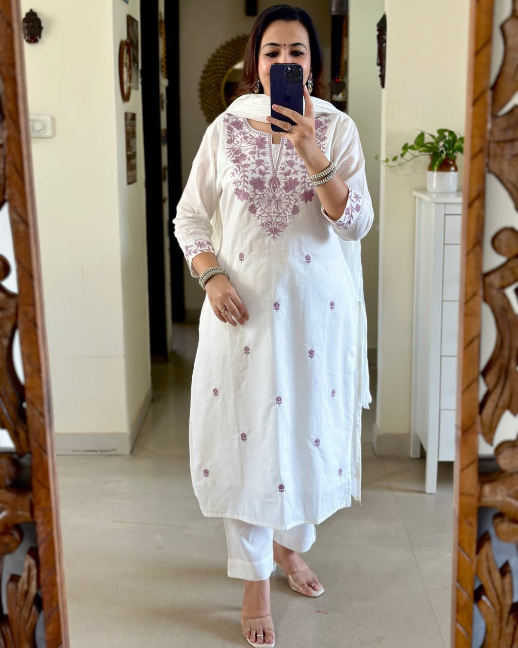Handloom Cotton Wine Embroidered Kurta set