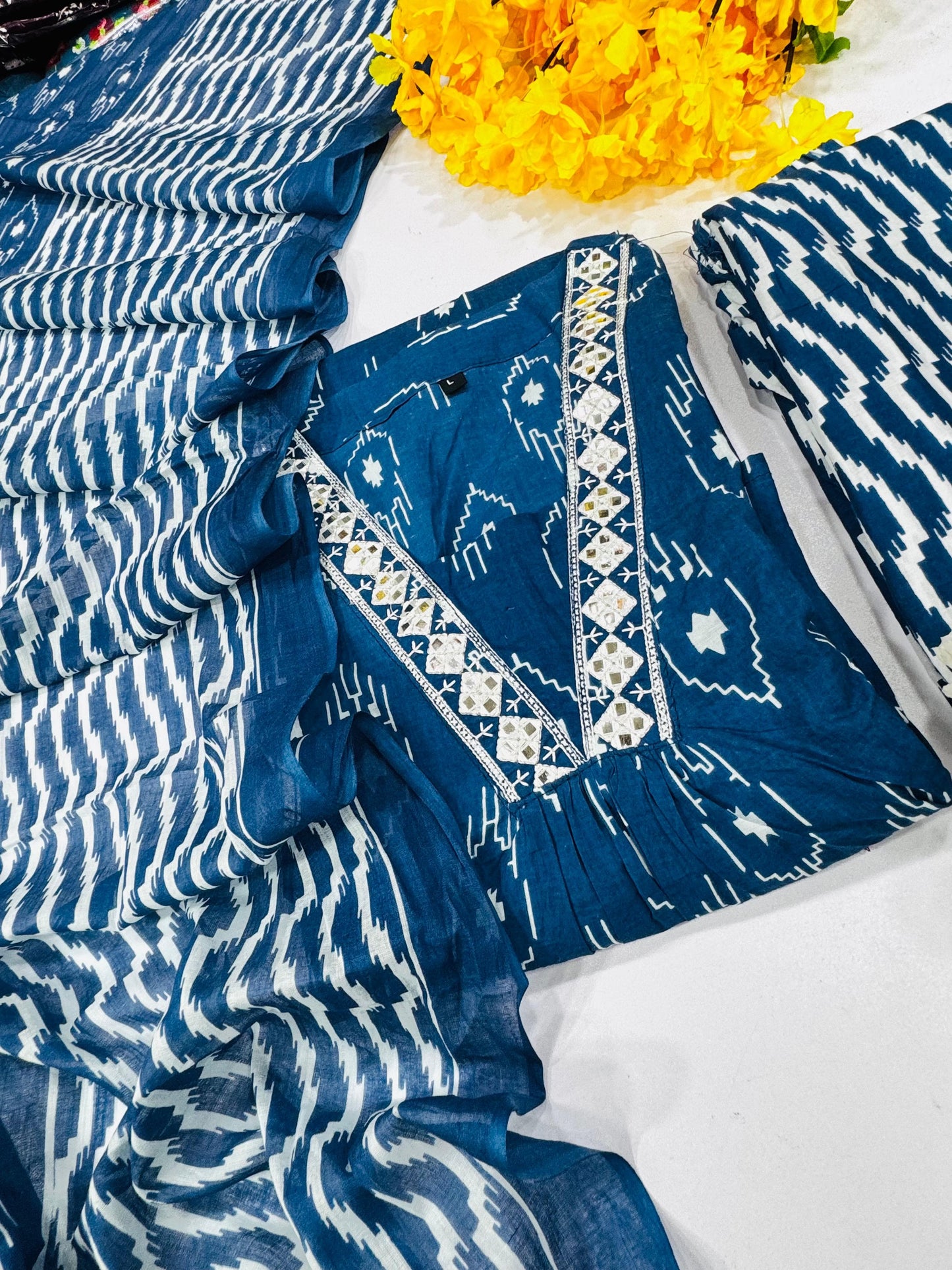 Blue Cotton A Line Kurta Pants Set