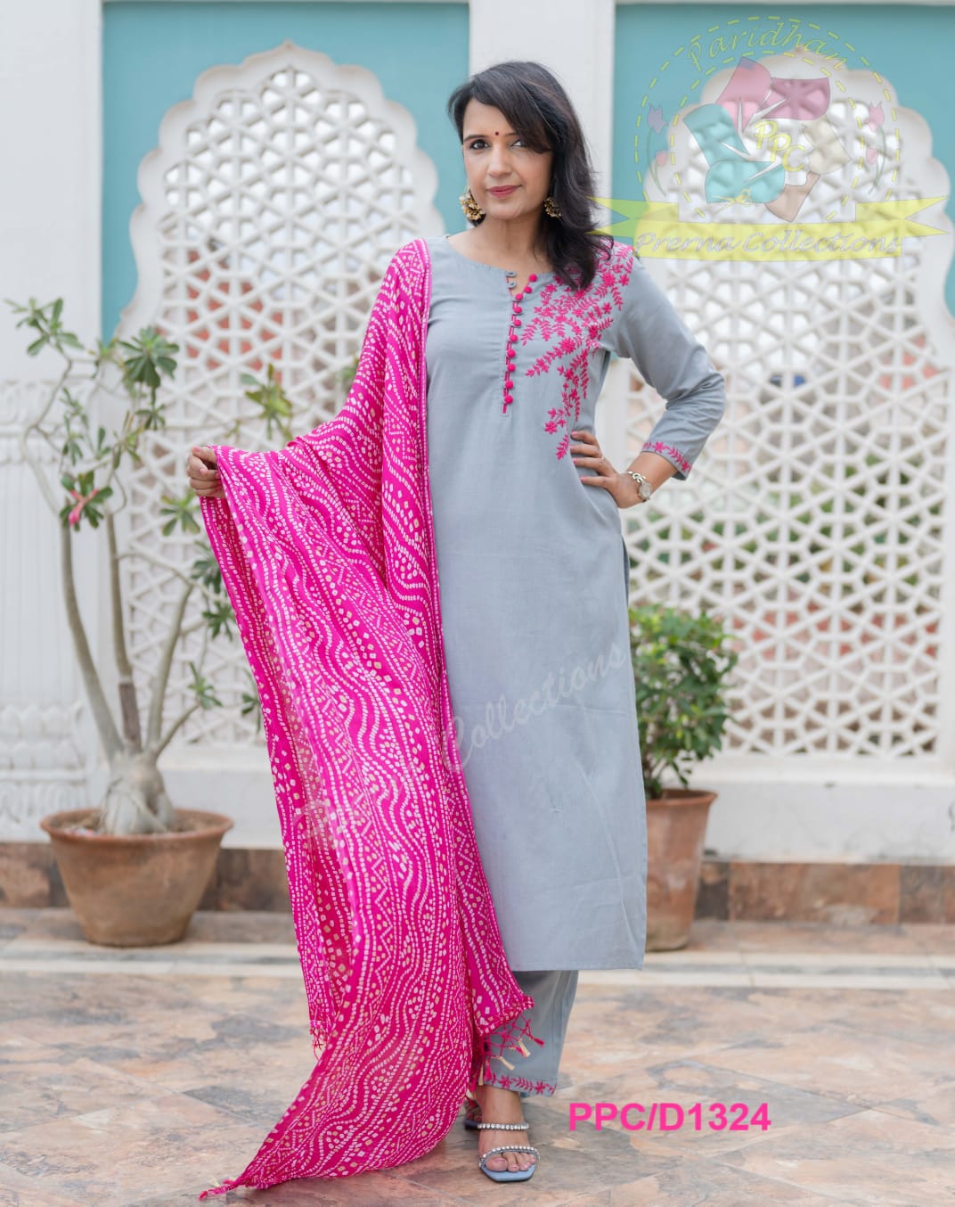 Grey and Pink Cotton Embroidered Kurta Set