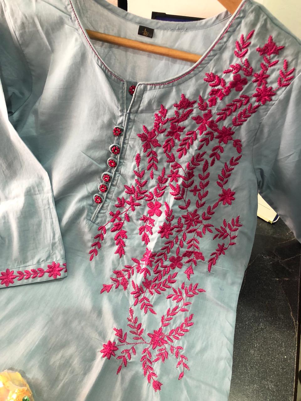Grey and Pink Cotton Embroidered Kurta Set