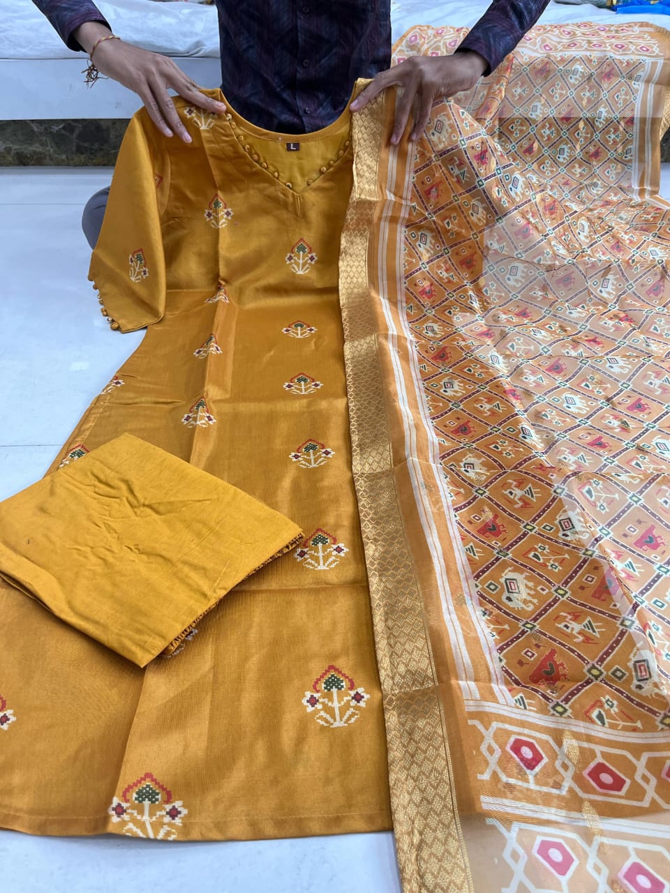 Mustard Shimmer Silk Embroidered Kurta Set