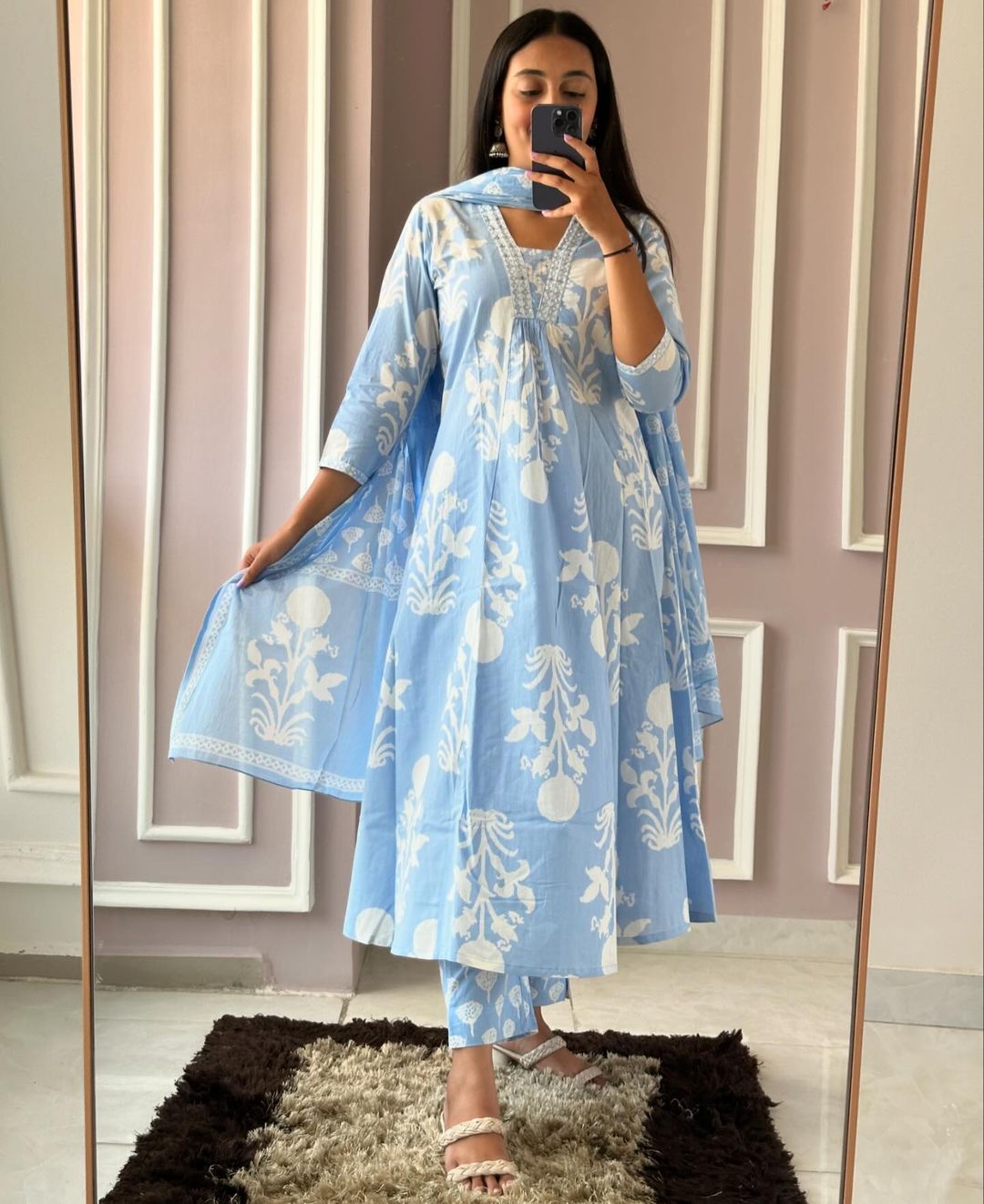 Blue Cotton Sanganer Print Kurta Set
