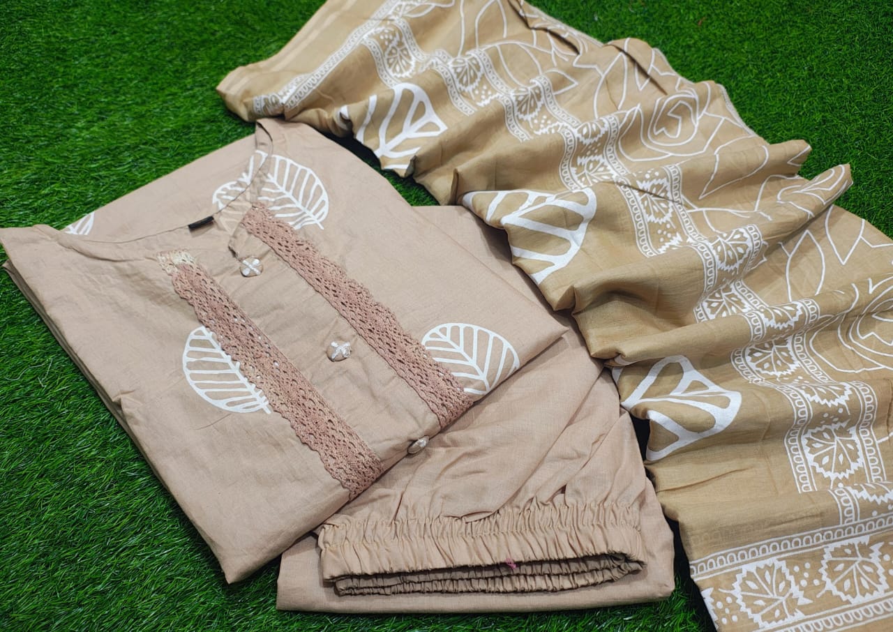 Beige Handblock Printed Cotton Kurta Set