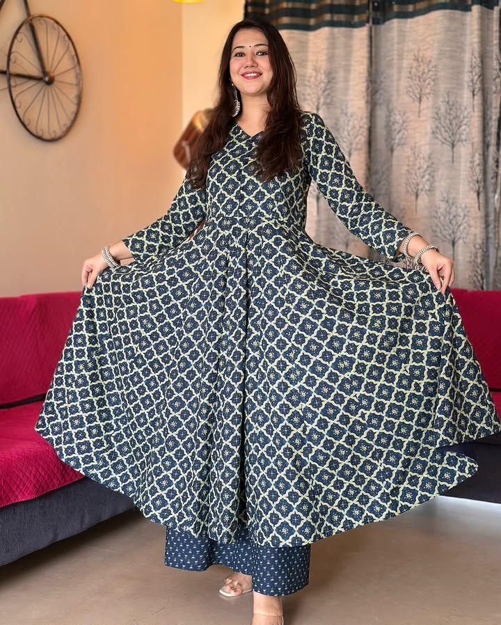 Blue Geometric Anarkali Kurta Set