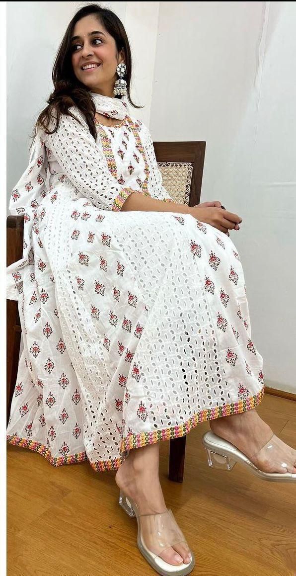 Schiffli White and Pink Anarkali Kurta Set