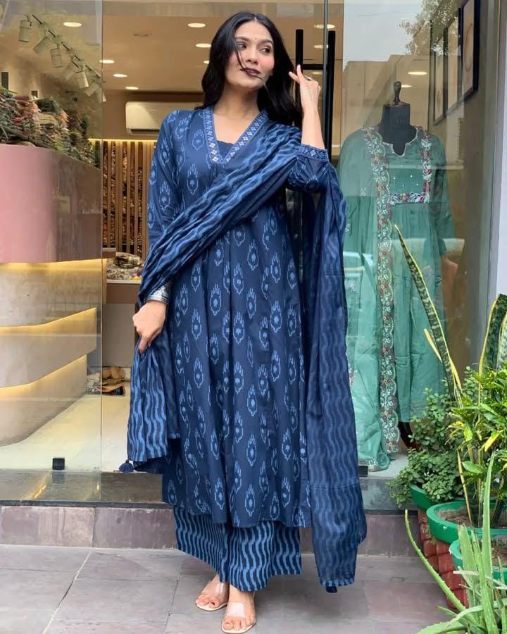 Blue Cotton A Line Kurta Pants Set