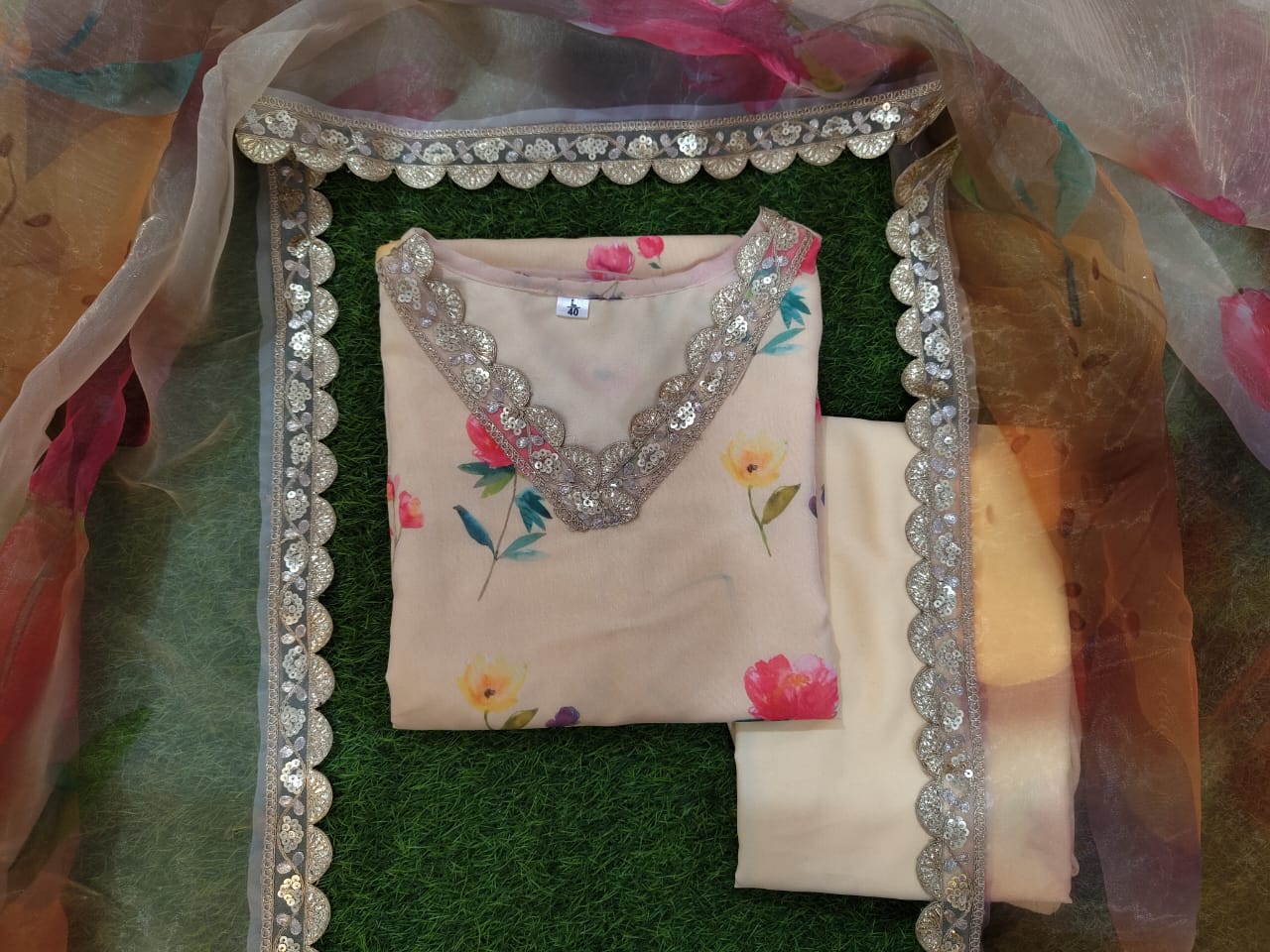 Cream Floral Chanderi Kurta Set