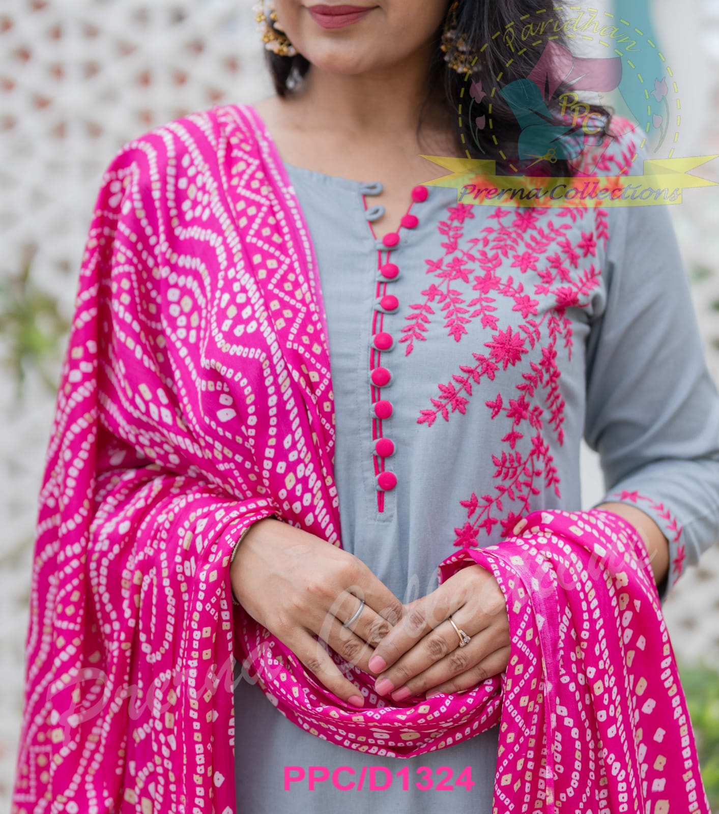 Grey and Pink Cotton Embroidered Kurta Set