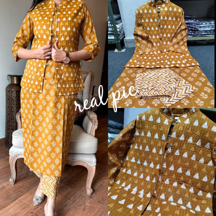 Mustard Yellow Cotton Kurta Set with Jacket