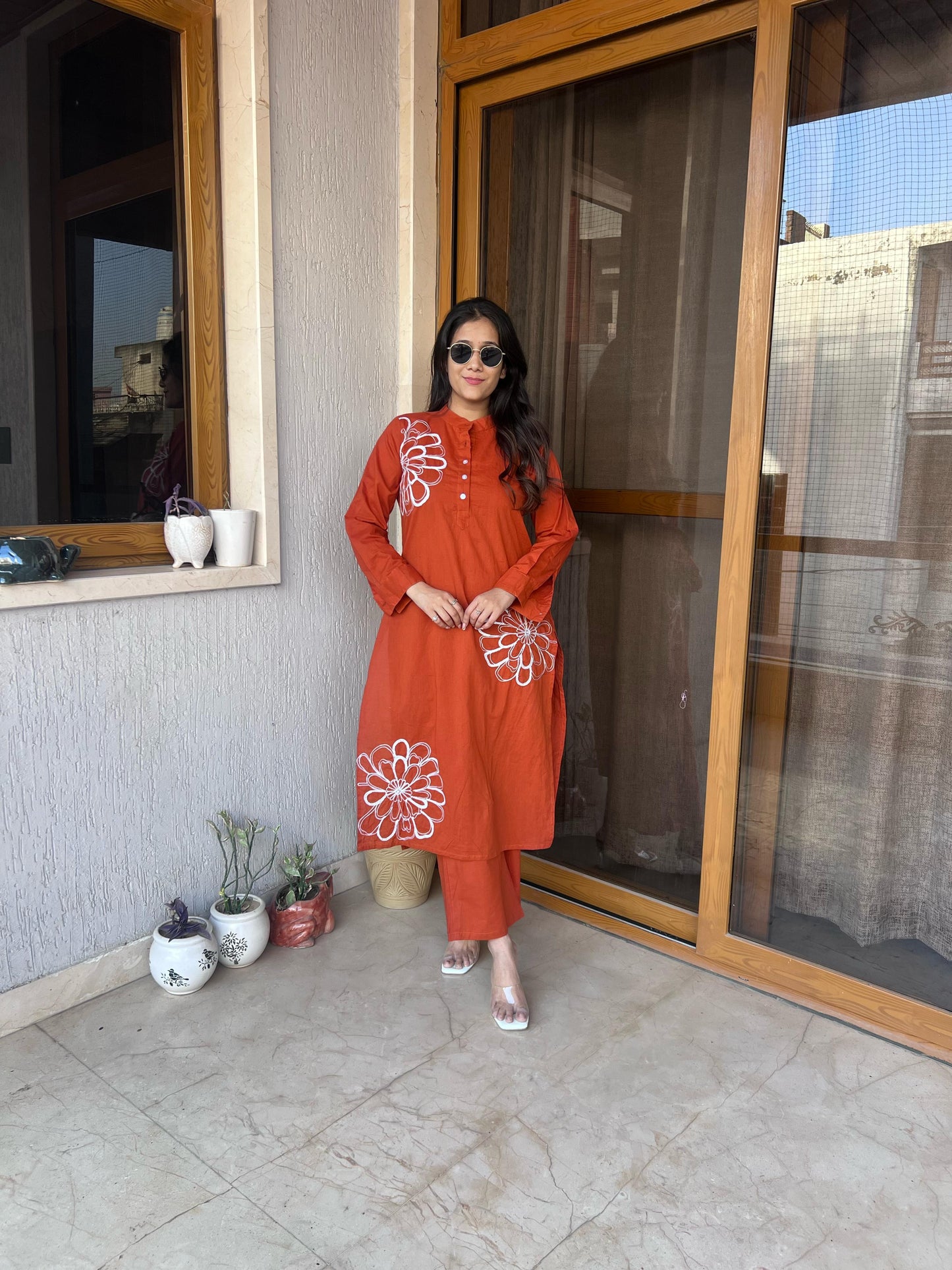 Orange Flower Embroidered Kurta Set