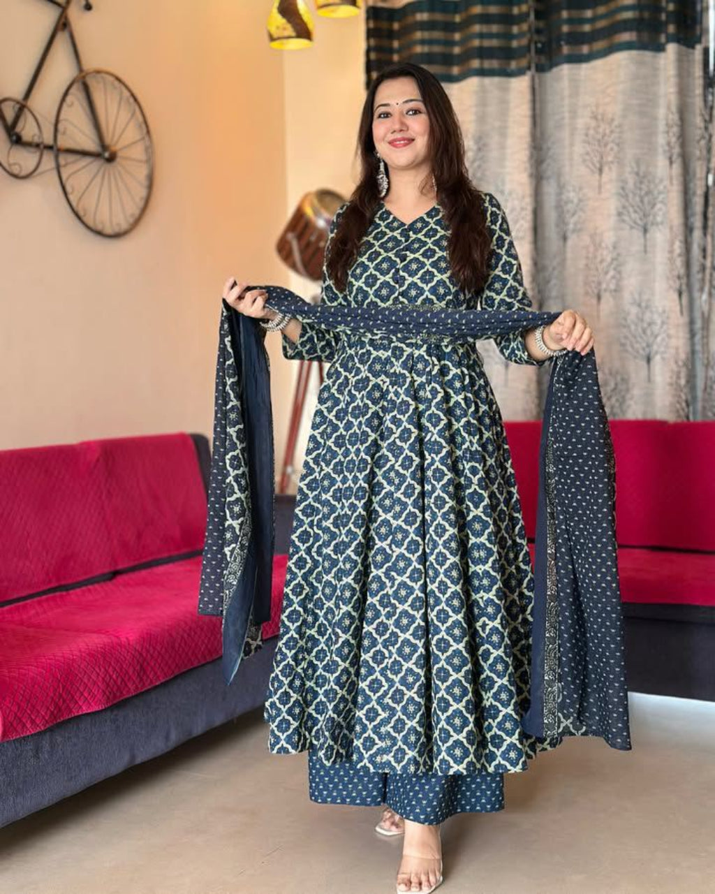 Blue Geometric Anarkali Kurta Set
