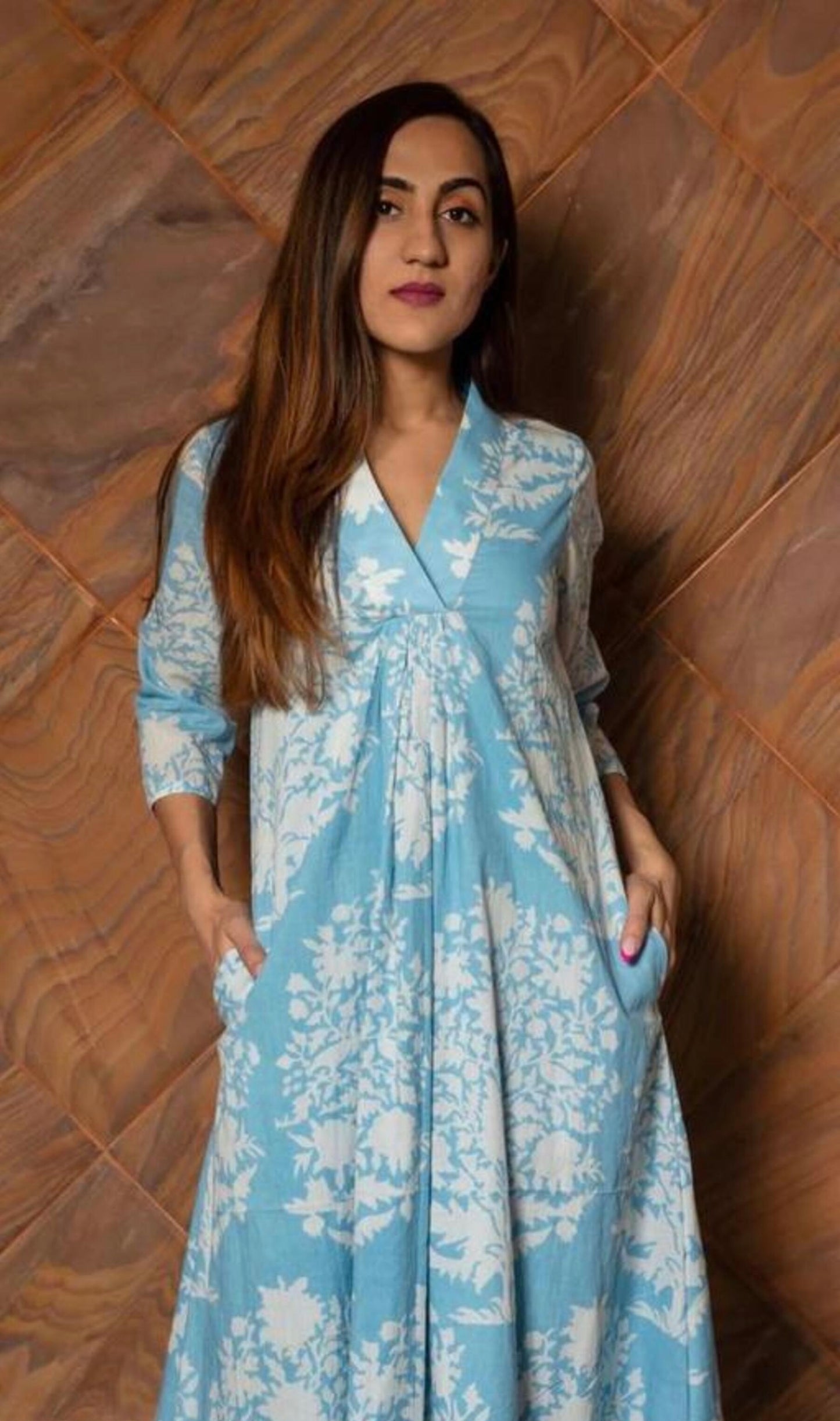 Sky Blue And White Pleated A- line Kurta Set