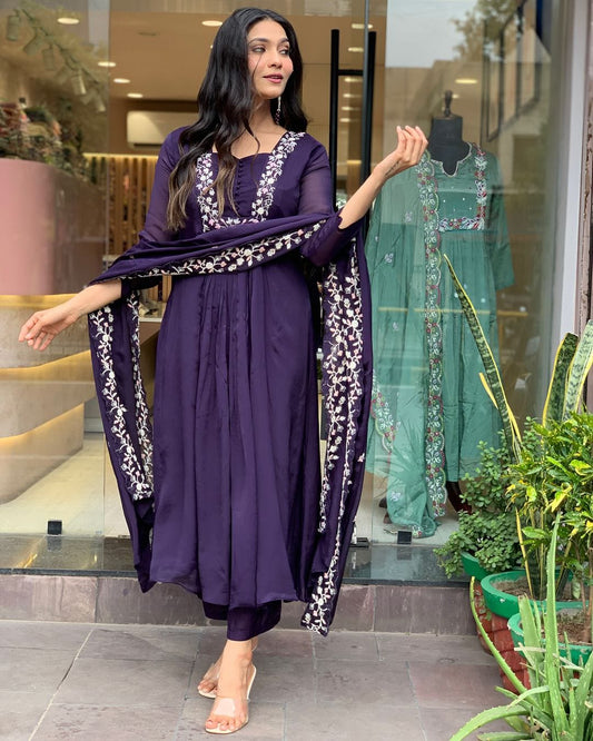 Purple Embroidered Cotton A Line Kurta Set